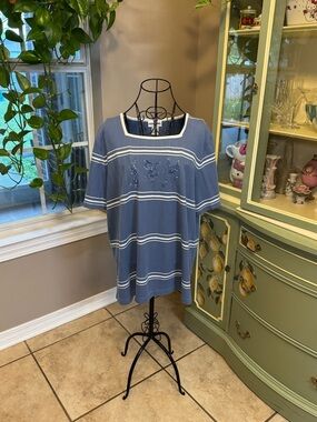 Alfred Dunner Blue and White Striped Short Sleeve Top